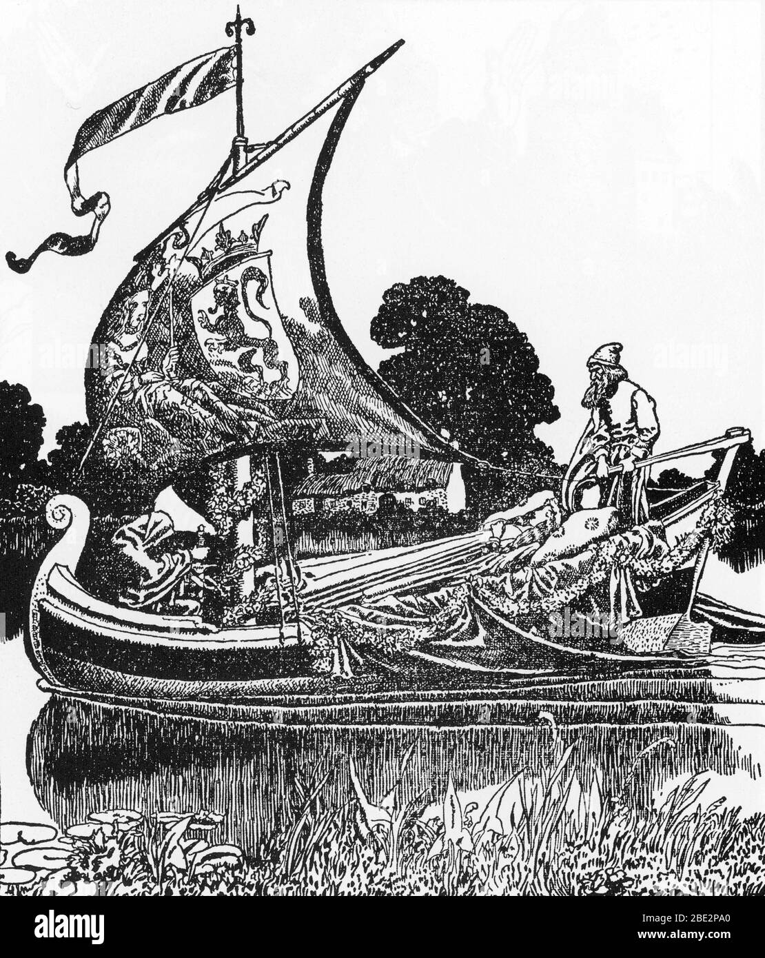 'Legende arthurienne : Arthur mort emmène sur un chemin funeraire' (la barge des morts apporte le roi Arthur corps) Illustration d'Howard Pyle (1853-19 Banque D'Images