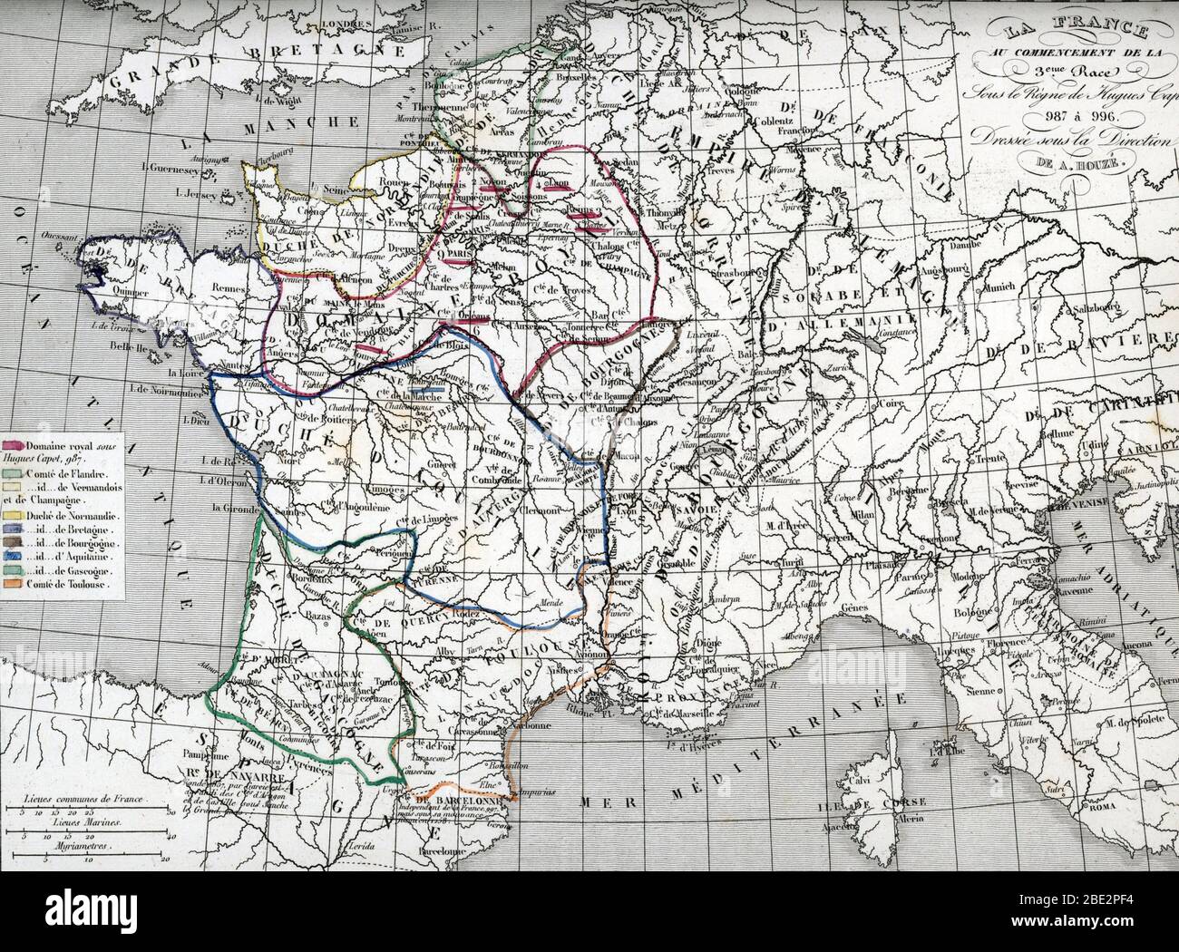 Carte historique de la France au début du régne des capétiens, l'aventure du regne de Hugues Capet, 987 (carte de France aux temps de règne de Hug Banque D'Images