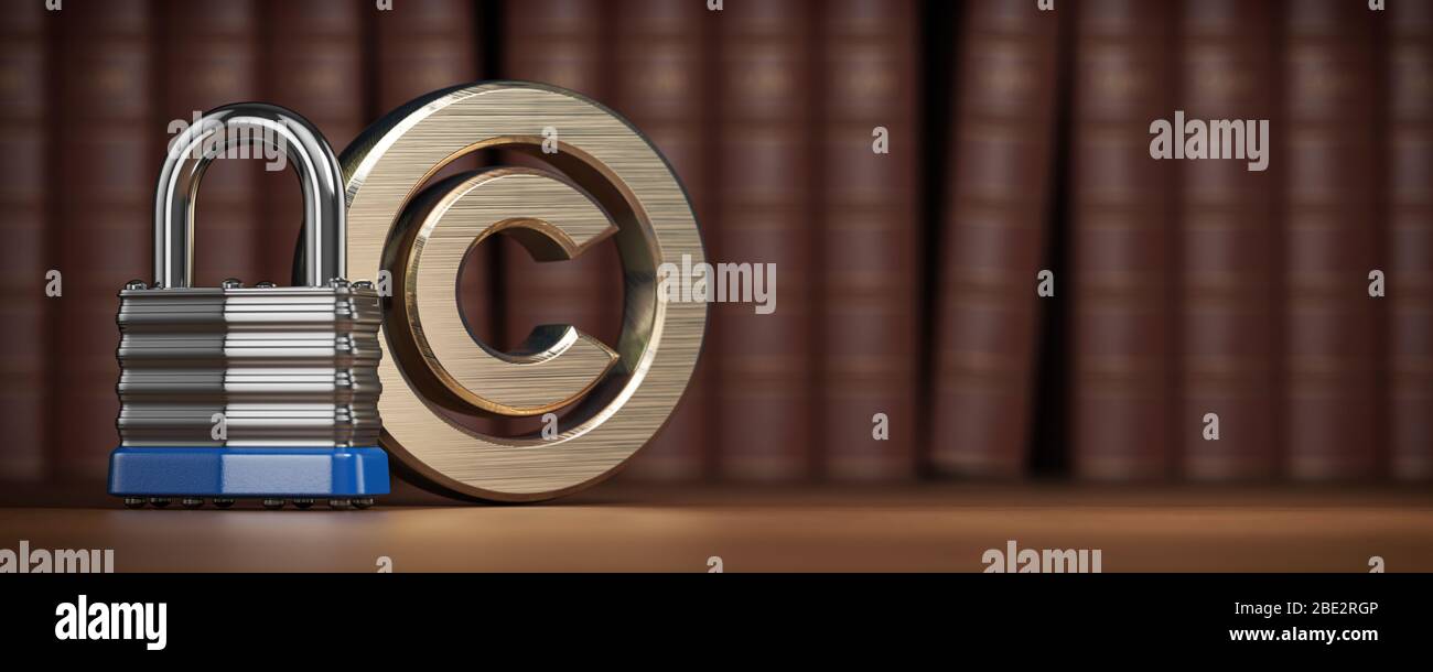 Symbole de copyright avec cadenas sur l'arrière-plan des livres de loi. Concept de protection de la propriété intellectuelle. illustration tridimensionnelle Banque D'Images