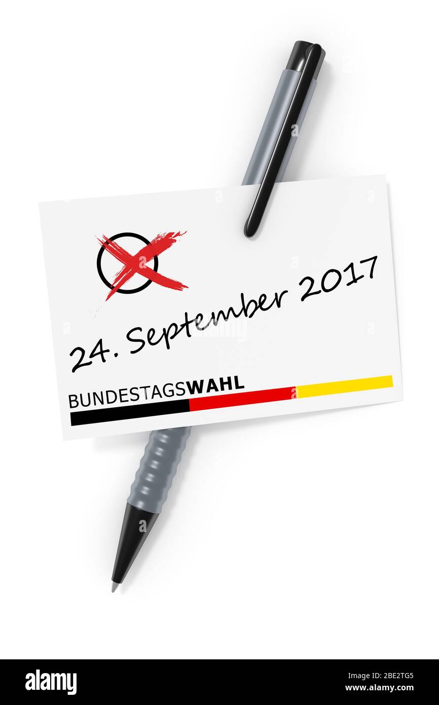 Rendu tridimensionnel d'une carte de visite et d'un stylo à bille et texte fédéral Elections 24 septembre 2017 en langue allemande Banque D'Images