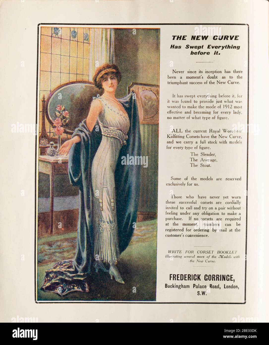La nouvelle courbe" corset de Frederick Gorringe, publicité en 1912 Edition  du champ des dames, de l'Opéra de Londres, de la mode et de la société  magazine Photo Stock - Alamy