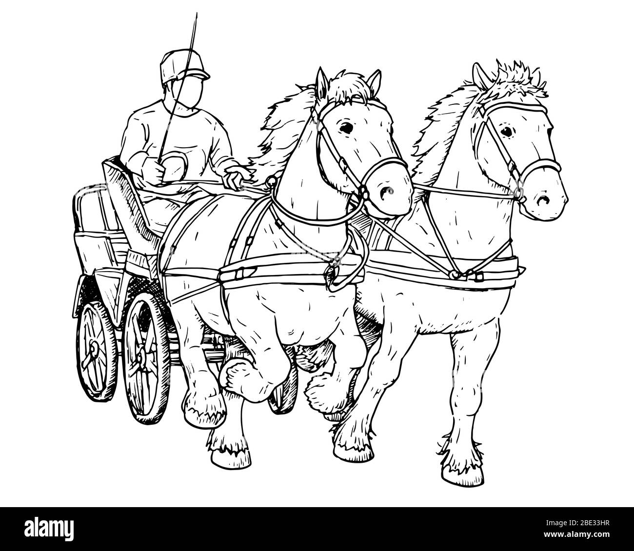 Dessin de chevaux à tirage néerlandais avec chariot. Illustration de Vecteur