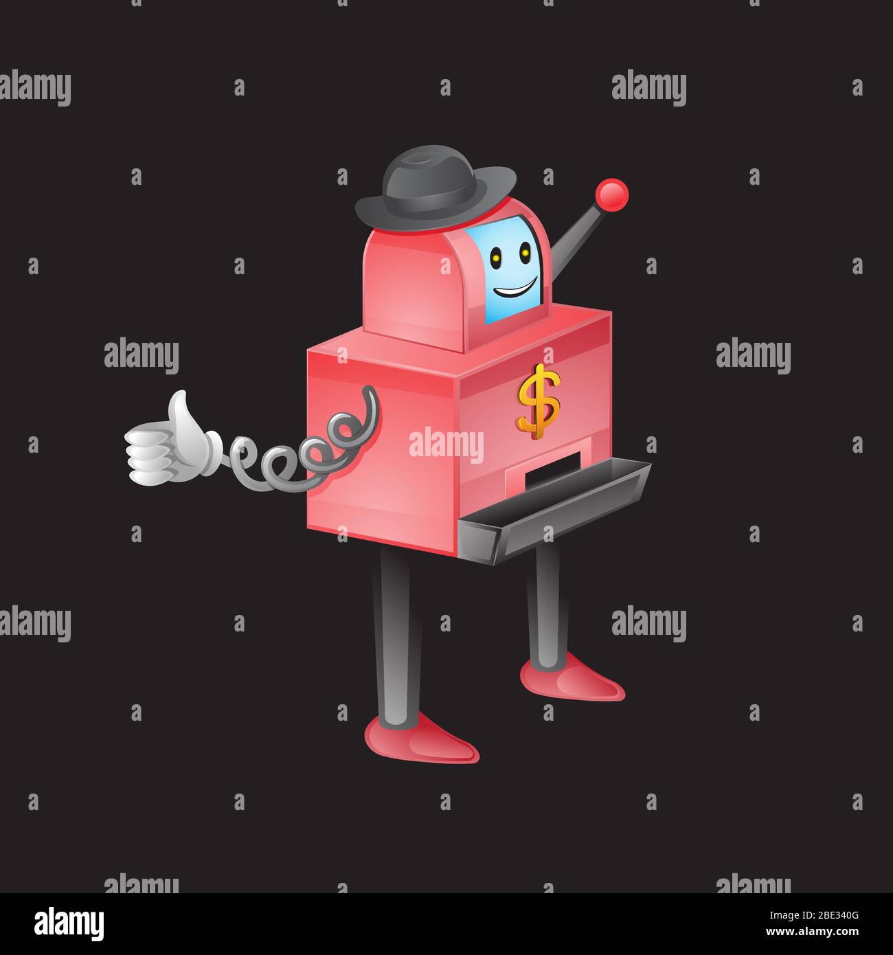 Machine à sous, caractère de dessin animé sur un arrière-plan noir isolé. Image vectorielle Illustration de Vecteur