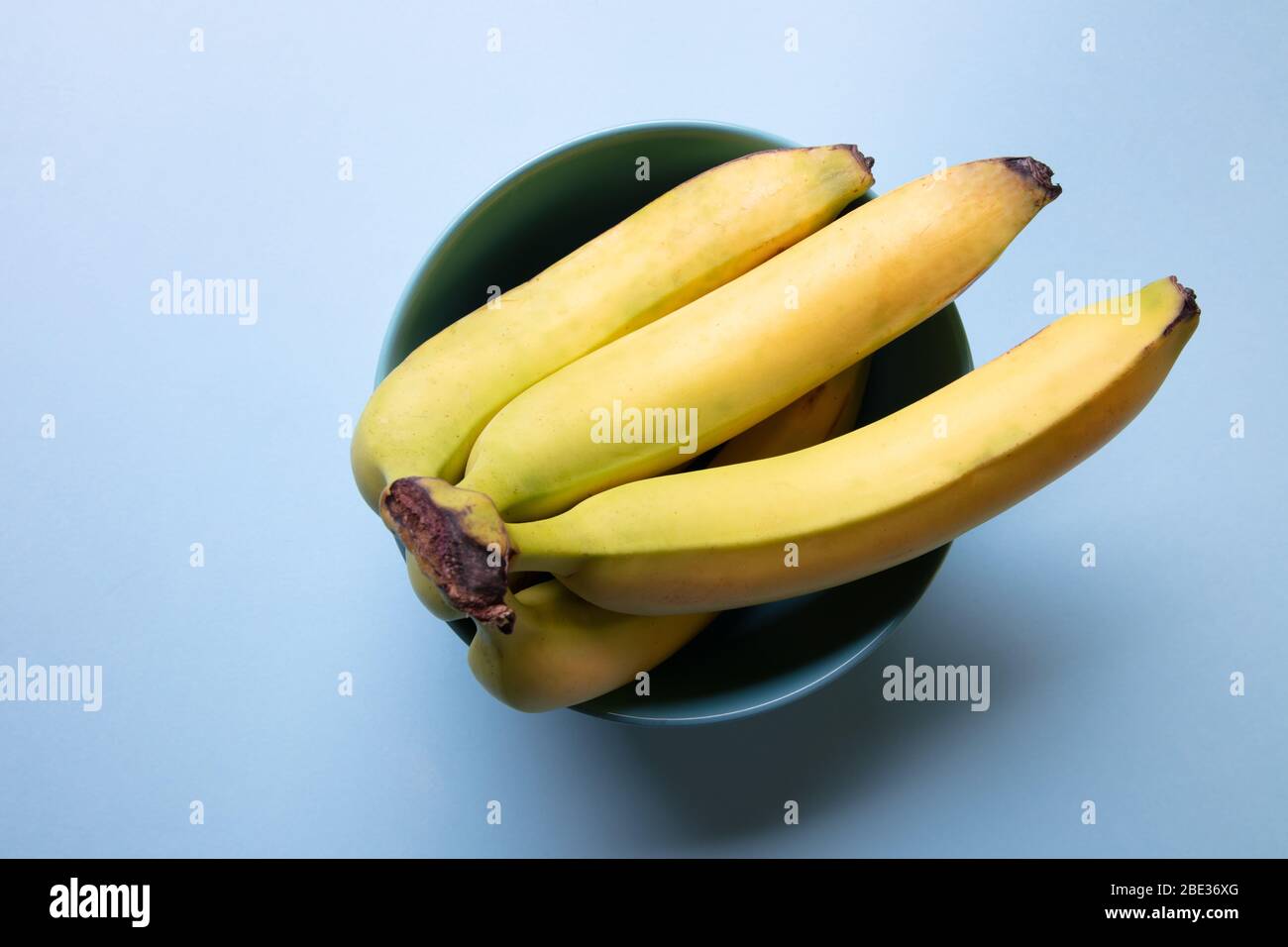 vue sur un bouquet de bananes reposant dans un bol bleu clair avec fond bleu clair pastel et vue sur le dessus Banque D'Images