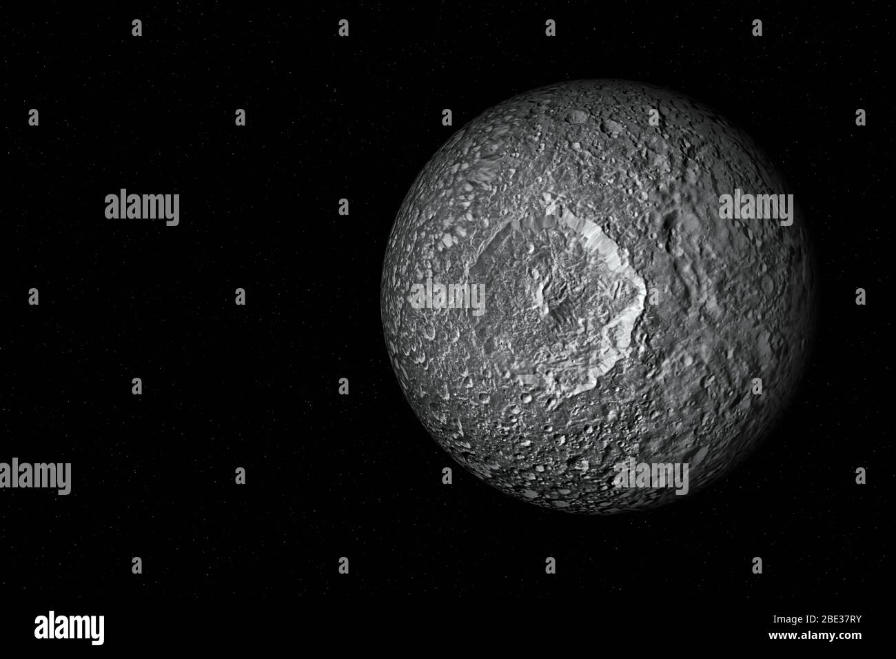 Rendu tridimensionnel de Mimas, une des lunes de Saturne. Banque D'Images