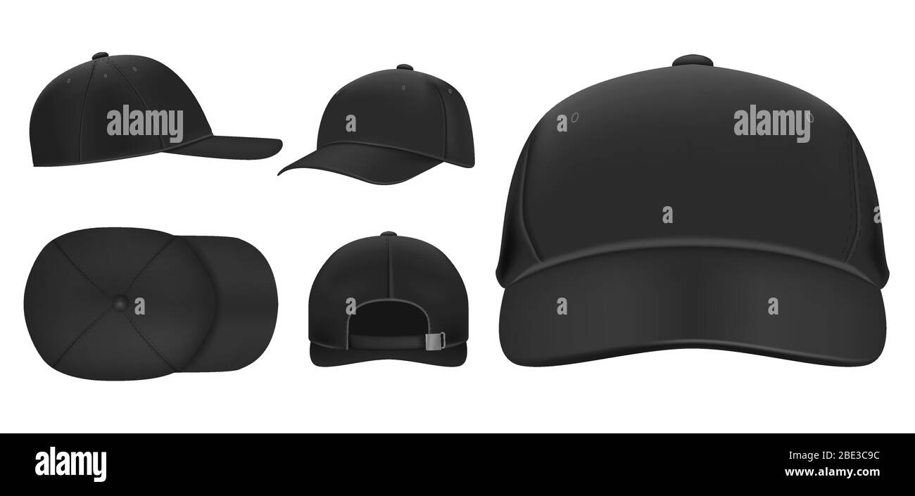 Bouchon noir. Modèle de casquette de baseball sport, chapeau d'été avec visière et chapeaux uniformes différentes vues ensemble vectoriel réaliste en relief. Adresse postale Illustration de Vecteur