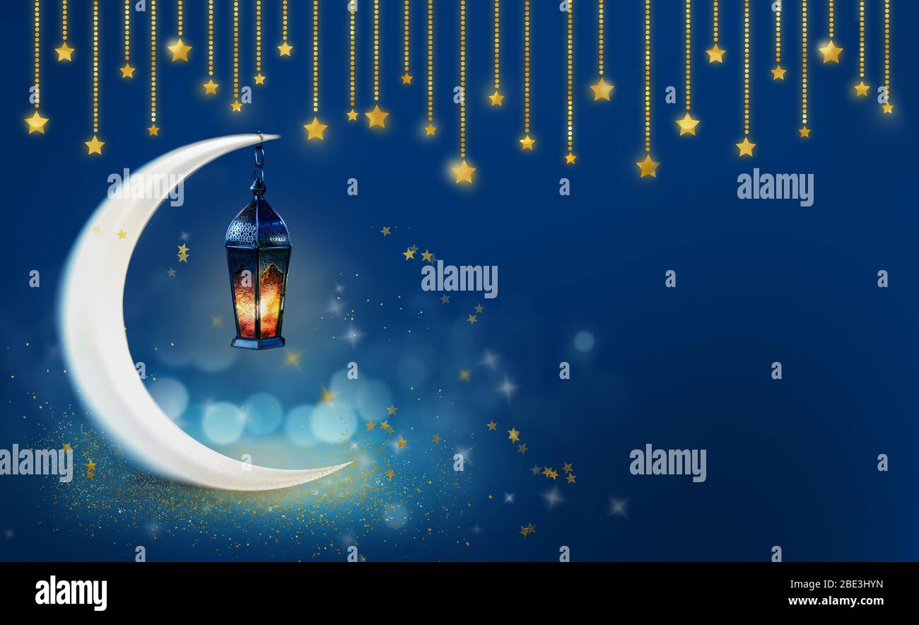Bannière d'arrière-plan Ramadan Kareem. Cartes de vœux islamiques pour les vacances musulmanes et le Ramadan. Bannière bleue avec lune et lanterne. Banque D'Images