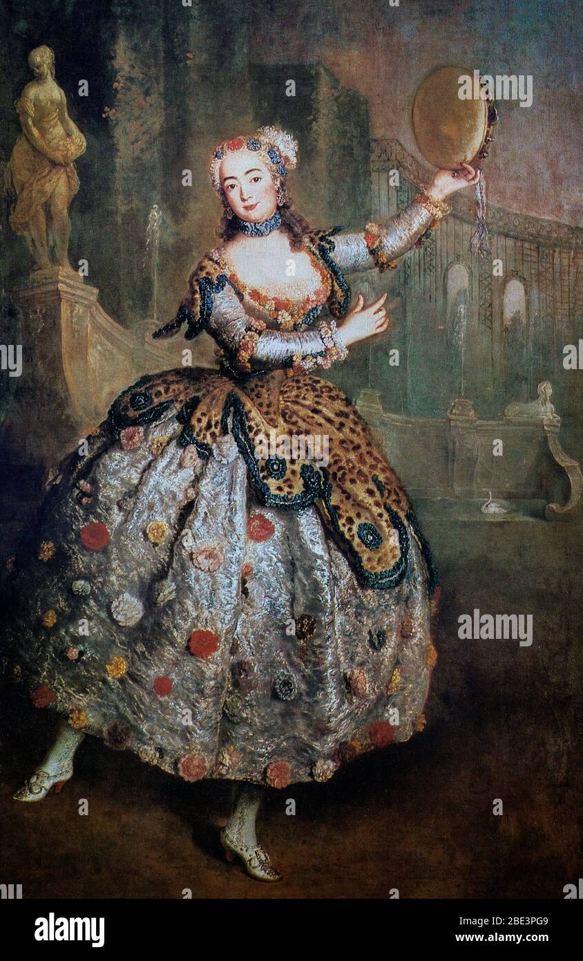 Peinture, c. 1745, par Antoine Pesne (1683–1757) de Barbara Campanini, connue sous le nom de la Barbarina, (1721-1799), une célèbre ballerine italienne, l'une des plus importantes danseuses de ballet du XVIIIe siècle. Le roi Frederick le Grand lui a offert un poste à l'Opéra de la Cour nouvellement érigée à Berlin, où elle a joué à partir de 1744. Elle est apparue dans sa première performance là le 13 mai 1744. Avant son arrivée, elle avait toutefois enlué son contrat à Venise avec son amant James Stuart-Mackenzie, et le roi Frederick a utilisé la pression politique arrêtant un envoyé vénitien pour la faire passer en Prusse. Banque D'Images