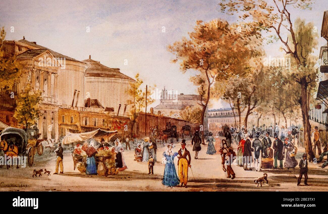 La gentilité qui traverse Paris, France dans une peinture de Giuseppe Canella qui s'établit en France de 1823 à 1833. Il était plus connu comme un peintre de paysages urbains et de scènes de rue animées intégrant des éléments topographiques. Banque D'Images