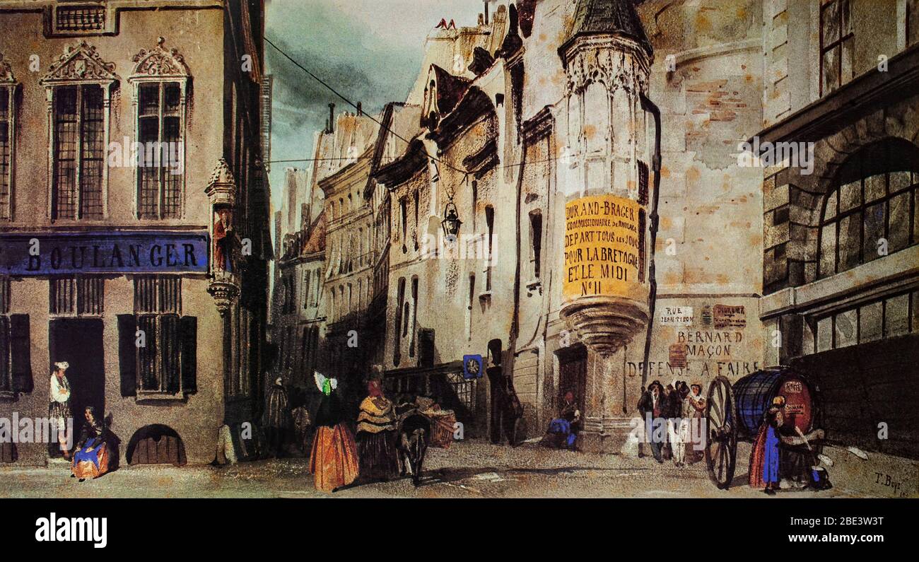 Une scène de rue évocatrice de 1831 à Paris, France par Thomas Shotter Boys (1803–1874), un artiste anglais. Il est allé à Paris où il s'est réuni et est venu sous l'influence de Richard Parkes Bonington, qui l'a convaincu d'abandonner la gravure pour la peinture. Il expose à l'Académie royale pour la première fois en 1824 et à Paris en 1827. Banque D'Images