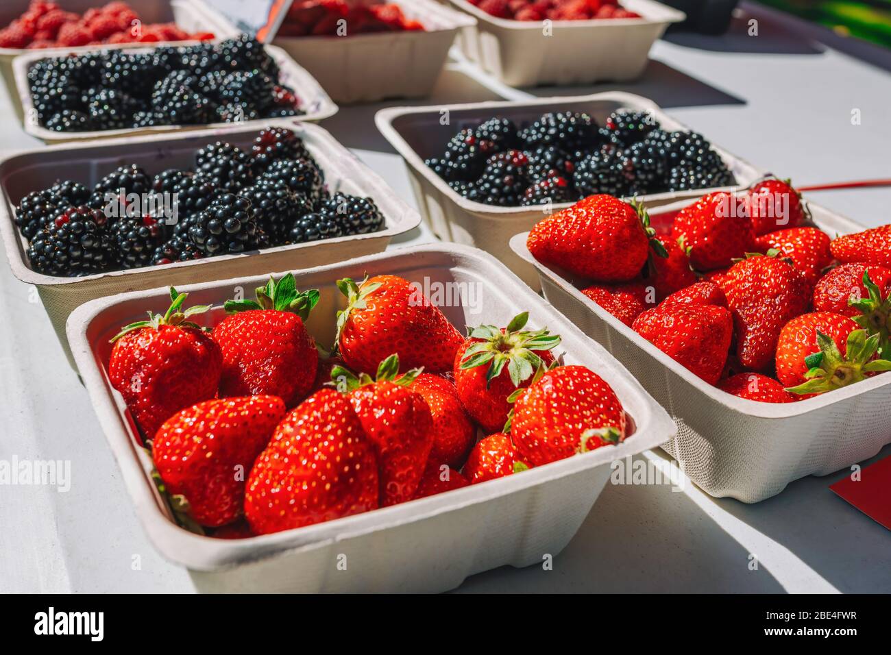 Fraise biologique. Marché agricole les fraises biologiques sont naturellement fraîches et juteuses et sont cultivées sans l'utilisation d'engrais synthétiques, pesticides Banque D'Images