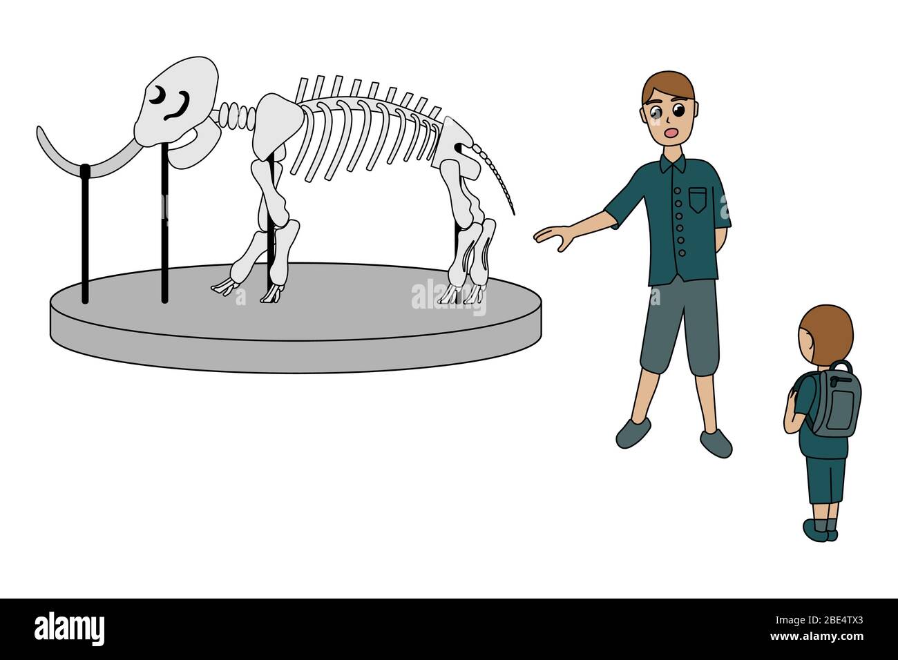 Le guide lors d'une visite du musée montre le squelette d'une mammouth. Père avec fils. Illustration vectorielle isolée Illustration de Vecteur