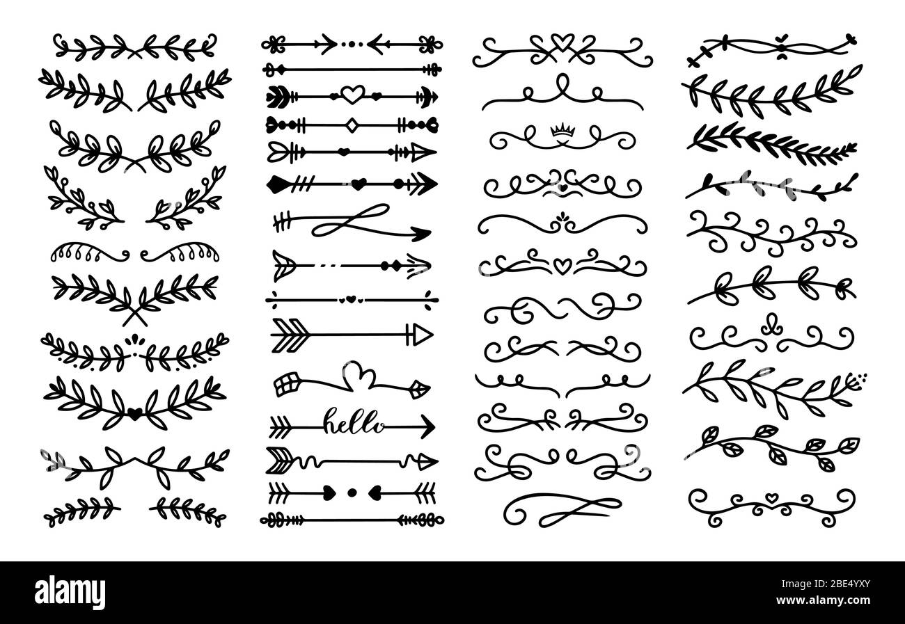 Séparateurs de texte décoratifs. Bordure à motif fleuri ornement, décorations vintage dessinées à la main et ensemble vectoriel de diviseur calligraphique à croquis fleuris. Collection de Illustration de Vecteur