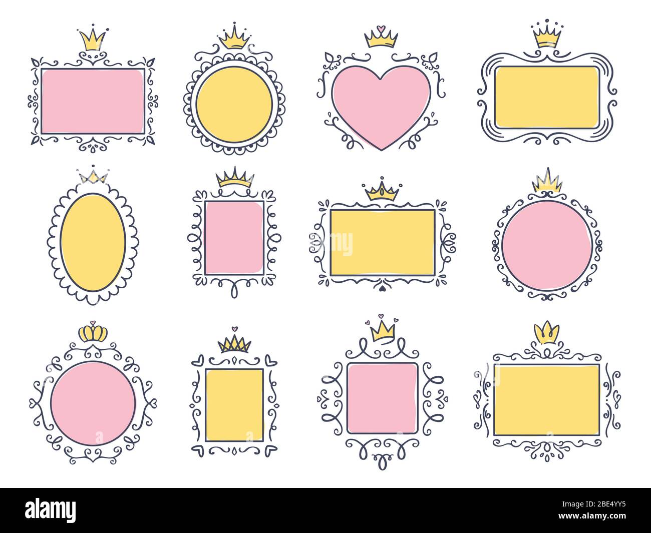 Cadres de princesse mignons. Cadre miroir rose avec couronne princesses, majestueux bords de texte dessinés à la main et ensemble vectoriel de cadre de dessin de gribouille royale. Collecte de vide Illustration de Vecteur