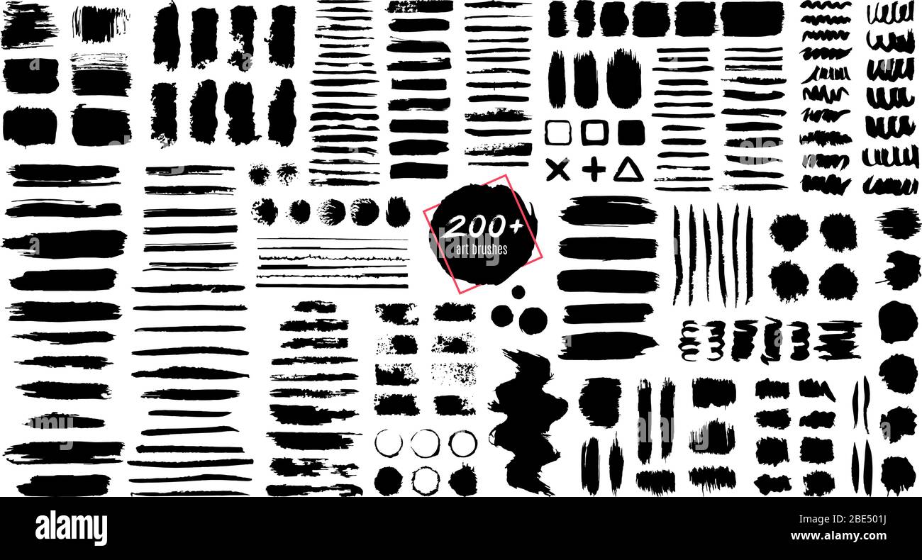 Brosse texturée à encre. Coups de Grunge et splatters de peinture de texture sale. Broussailles artistiques, cadres et zones de texte ensemble vectoriel isolé. Collections de Illustration de Vecteur