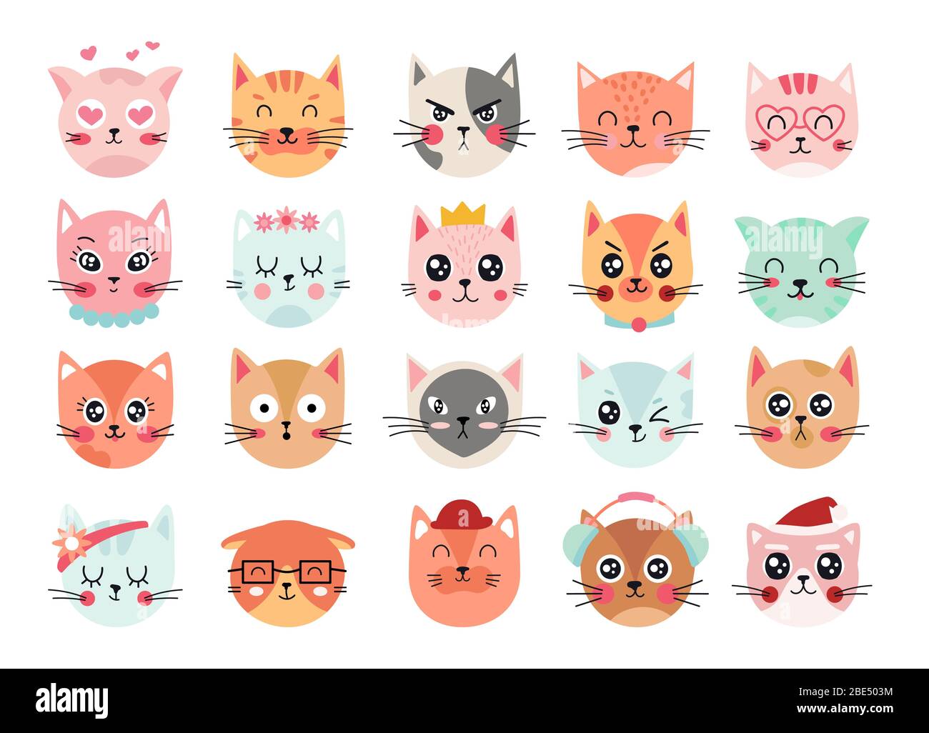 Les visages de chats mignons. Émoticônes de tête Cat, expressions de face de chaton. Heureux sourire, triste, fâché et encreur chat illustration vectorielle. Sentiments et Illustration de Vecteur