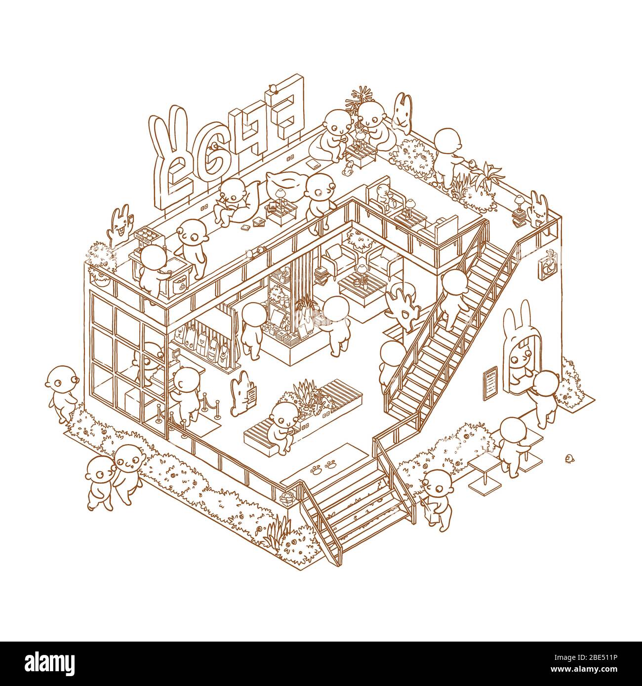 Intérieur du café avec contour isométrique de la bande dessinée. Livre de coloriage dessiné à la main page de l'espace restaurant. Banque D'Images