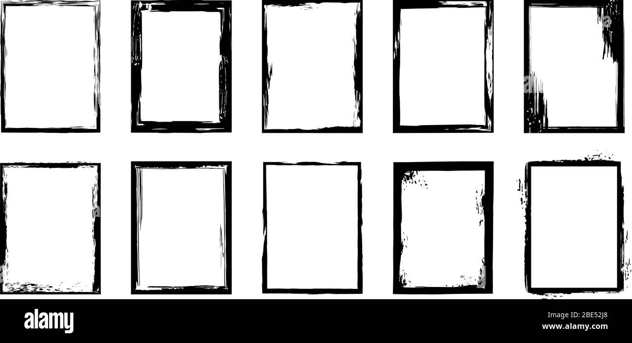 Châssis Grunge. Bordure de contour de pinceau à encre, taches de pinceau artistiques et cadre de peinture noir conception vecteur éléments isolés ensemble. Collecte de rugueux Illustration de Vecteur