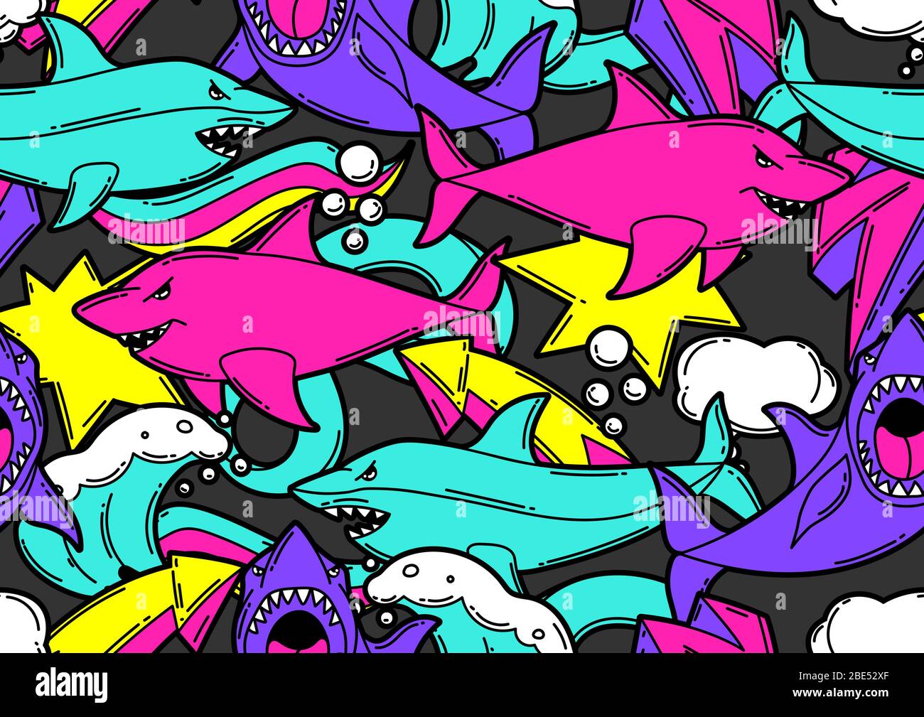 Motif sans couture avec requins à dessin animé. Milieu urbain coloré adolescence créatif. Illustration de Vecteur