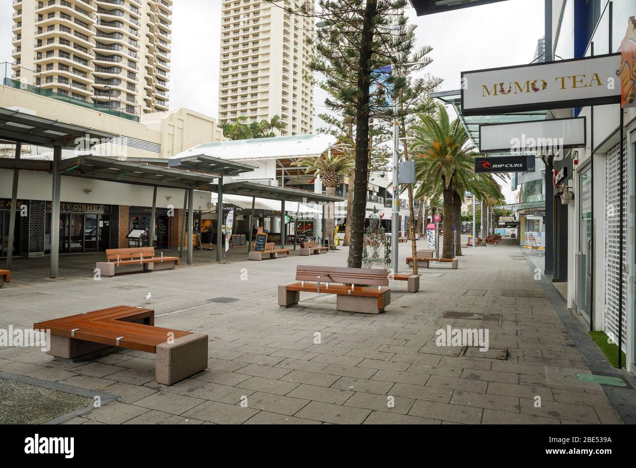 Surfers Paradise, Australie - 8 avril 2020: Le coronavirus a verrouillé les rues vides du célèbre centre commercial cavill ave à Surfers Paradise, avec un verrouillage de la ville de 19 ans Banque D'Images