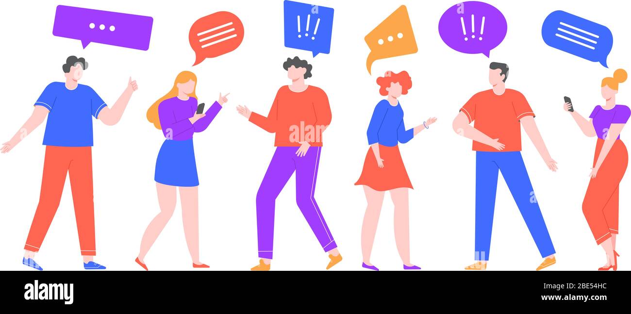 Communiquer avec les gens. Groupe de personnages féminins et masculins parlant bulle communiquer, discuter à l'aide de smartphones, de personnes de conversation et d'appel téléphonique Illustration de Vecteur