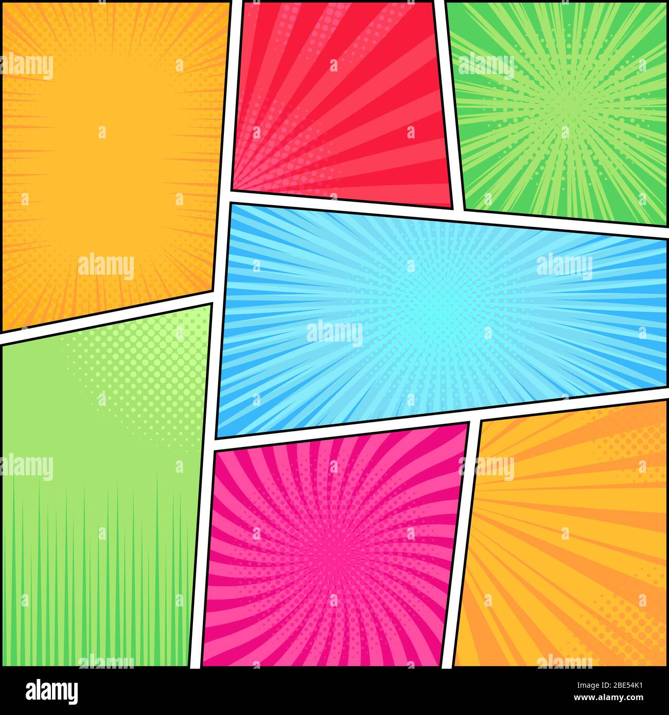 Cadres de bandes dessinées. Dessin animé amusant superhéros lumineux style bandes cadre, livres couverture, rayures éléments de texture scénario illustration set. Page style PopArt Illustration de Vecteur