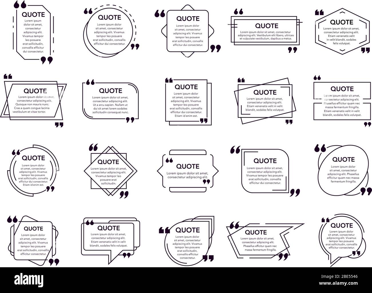 Case citation citée. Boîtes de texte, cadre de zone de remarque et éléments géométriques cités. Citation des bulles de parole modernes et des trames de citation vecteur isolé icônes définies Illustration de Vecteur