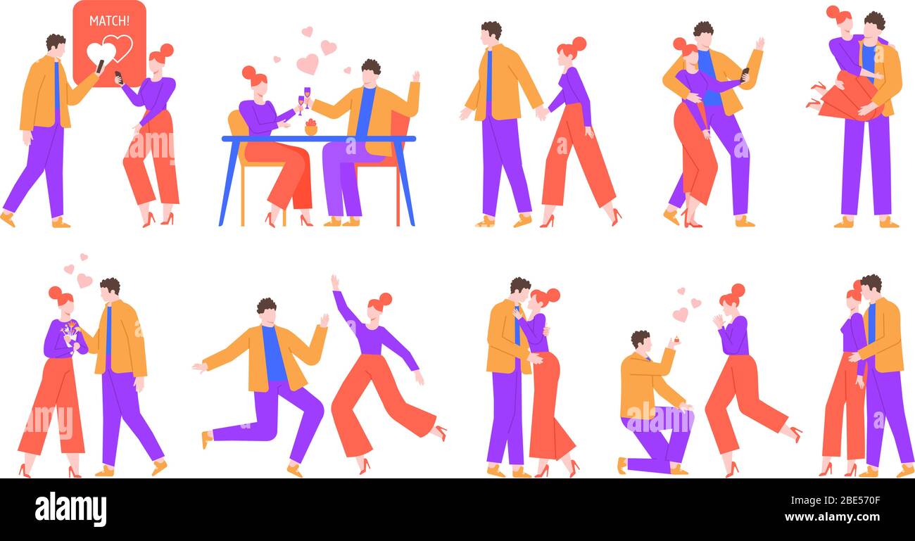 Couple romantique et heureux. Charmant petit ami et petite amie dans l'amour, parfait match datant. Célébration de la Saint-Valentin, baisers, chopes et couple dansant vecteur Illustration de Vecteur