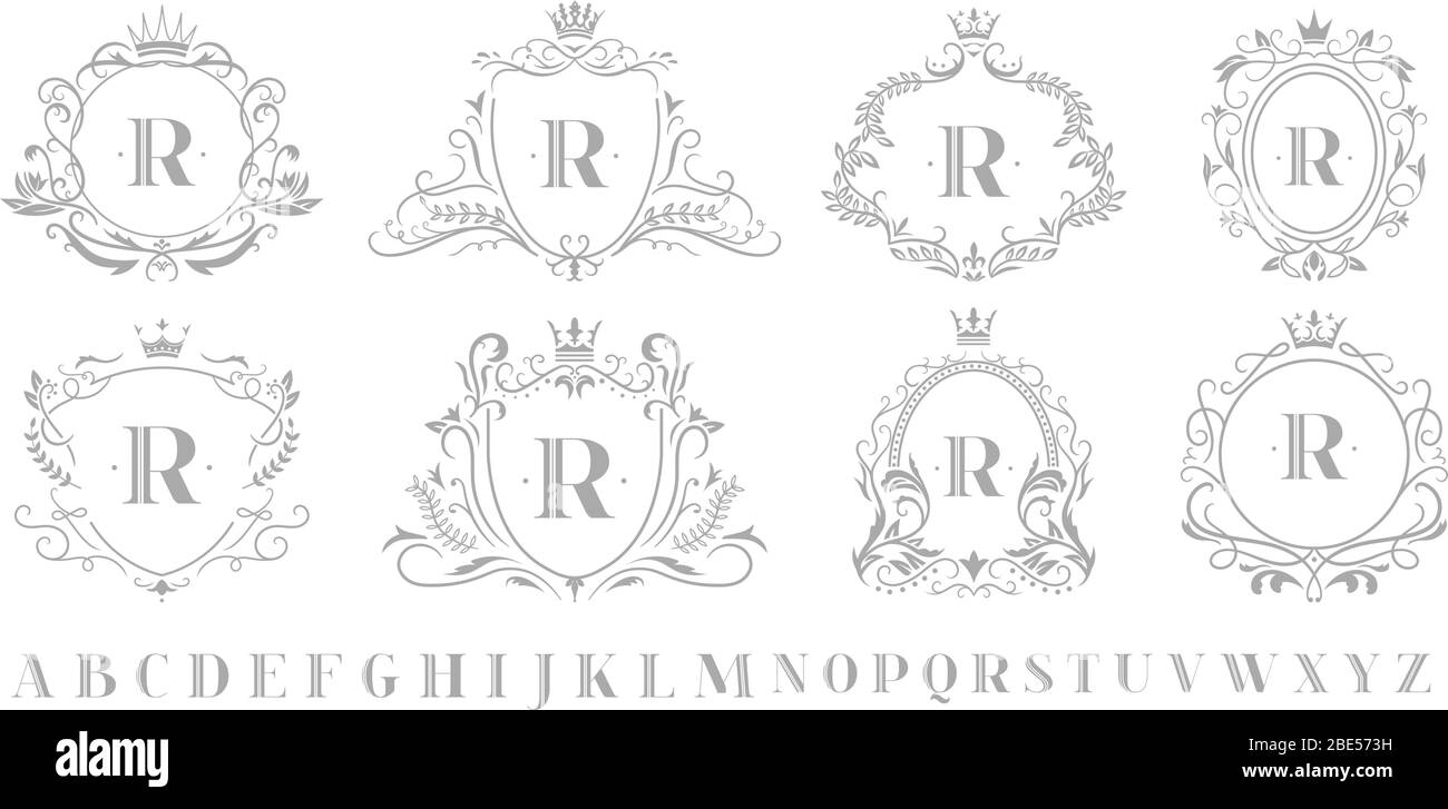 Emblème du monogramme vintage. Art rétro ornement de luxe emblèmes, couronne royale monogrammes couronne couronne couronne couronne couronne couronne couronne couronne couronne couronne couronne couronne couronne couronne couronne couronne couronne couronne et mariage tourbillons cadre illustration vectorielle ensemble Illustration de Vecteur