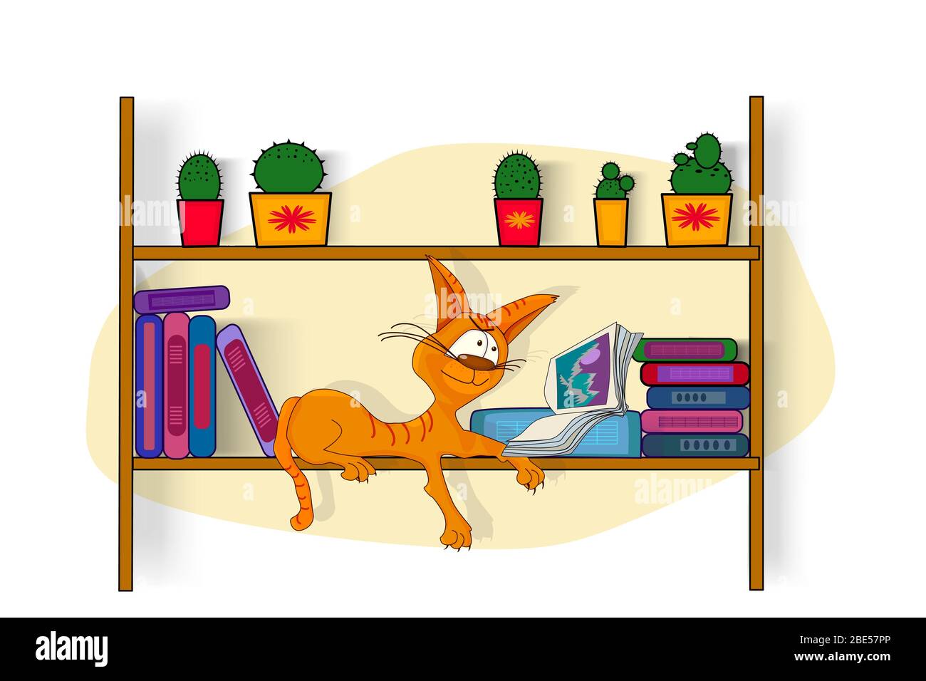 Journée mondiale du livre. Différents livres de couleur avec ornement sur étagère avec chat sur étagère. Livre de lecture Cat. Concept d'éducation. Illustration vectorielle de stock Illustration de Vecteur