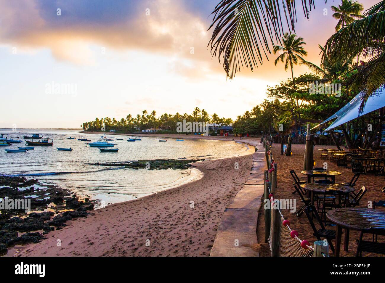 Prise 2018 à Praia do forte, Bahia, Brésil. Plage et sable fin au coucher du soleil. Palmiers verts. Banque D'Images