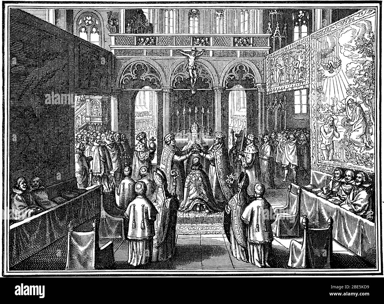 Couronnement de l'empereur Matthias à Francfort-sur-le-Main, Allemagne, Matthia, 24 février 1557 - 20 mars 1619, était l'empereur du Saint Empire romain et l'archiduc d'Autriche 1612-1619 et déjà depuis 1608 le roi de Hongrie et de Croatie, Depuis 1611 également roi de Bohême / Krönung der Kaiser Matthias zu Frankfurt am Main, Deutschland, Matthia, 24. Février 1557 - 20. März 1619, WAR Kaiser des Heiligen Römischen Reiches und Erzherzog von Österreich 1612–1619 und bereits seit 1608 König von Ungarn und Kroatien, seit 1611 auch König von Böhmen, Historisch, Digital reverage reverage of an original from t Banque D'Images