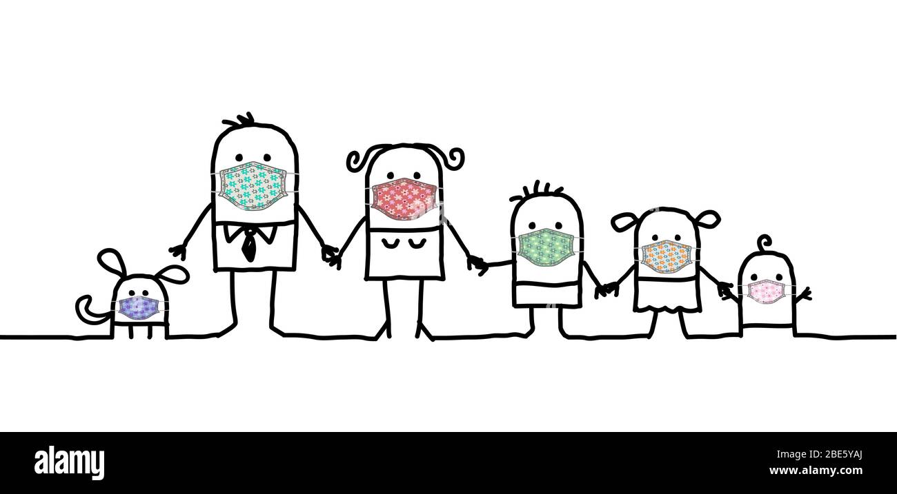 Famille de dessins à la main portant de jolis masques de protection faits à la main Illustration de Vecteur