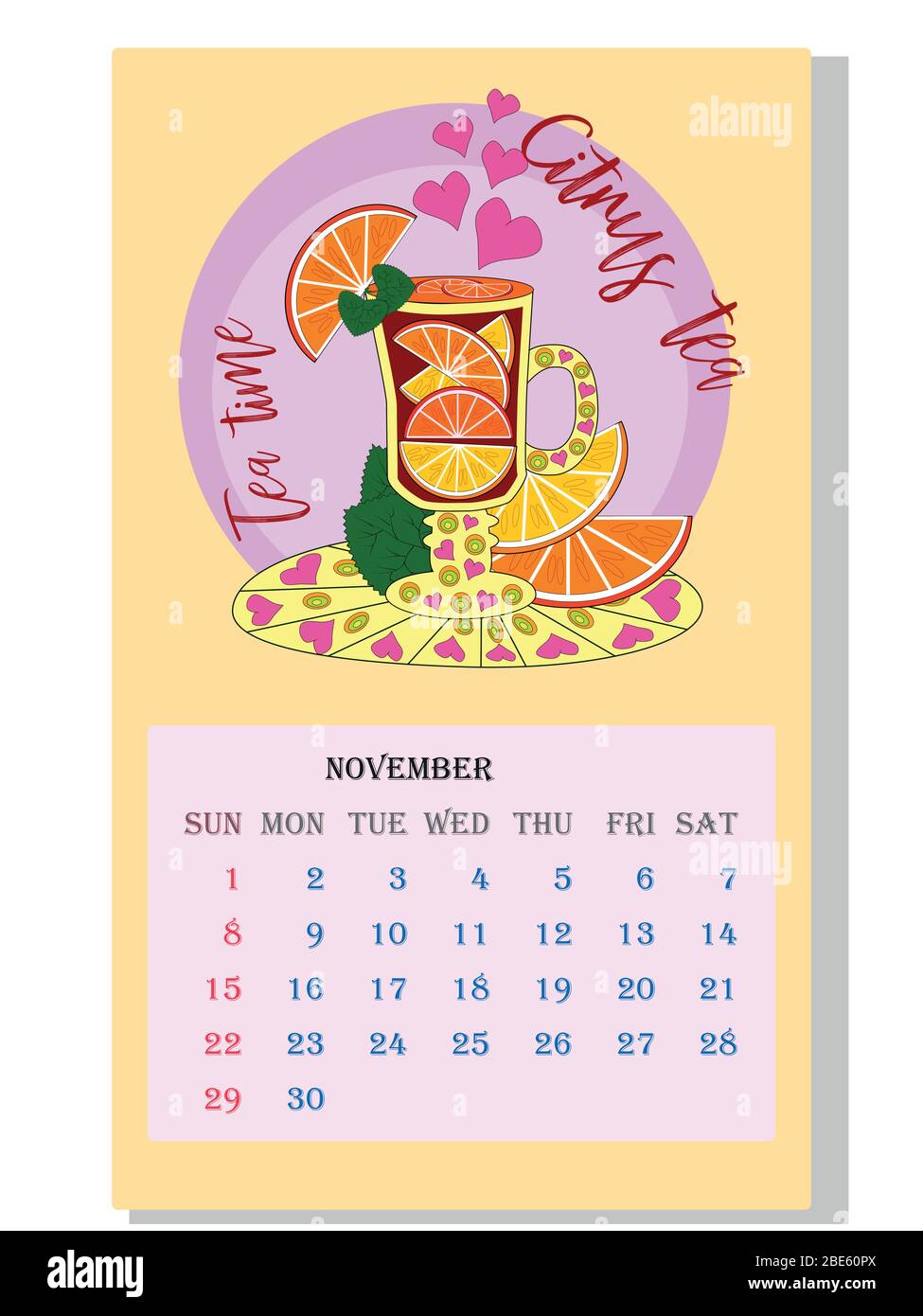 Calendrier des boissons : avec des dessins saisonniers de dessert de thé, café, cacao. Thés avec ingrédients sur ordonnance. Illustration de Vecteur