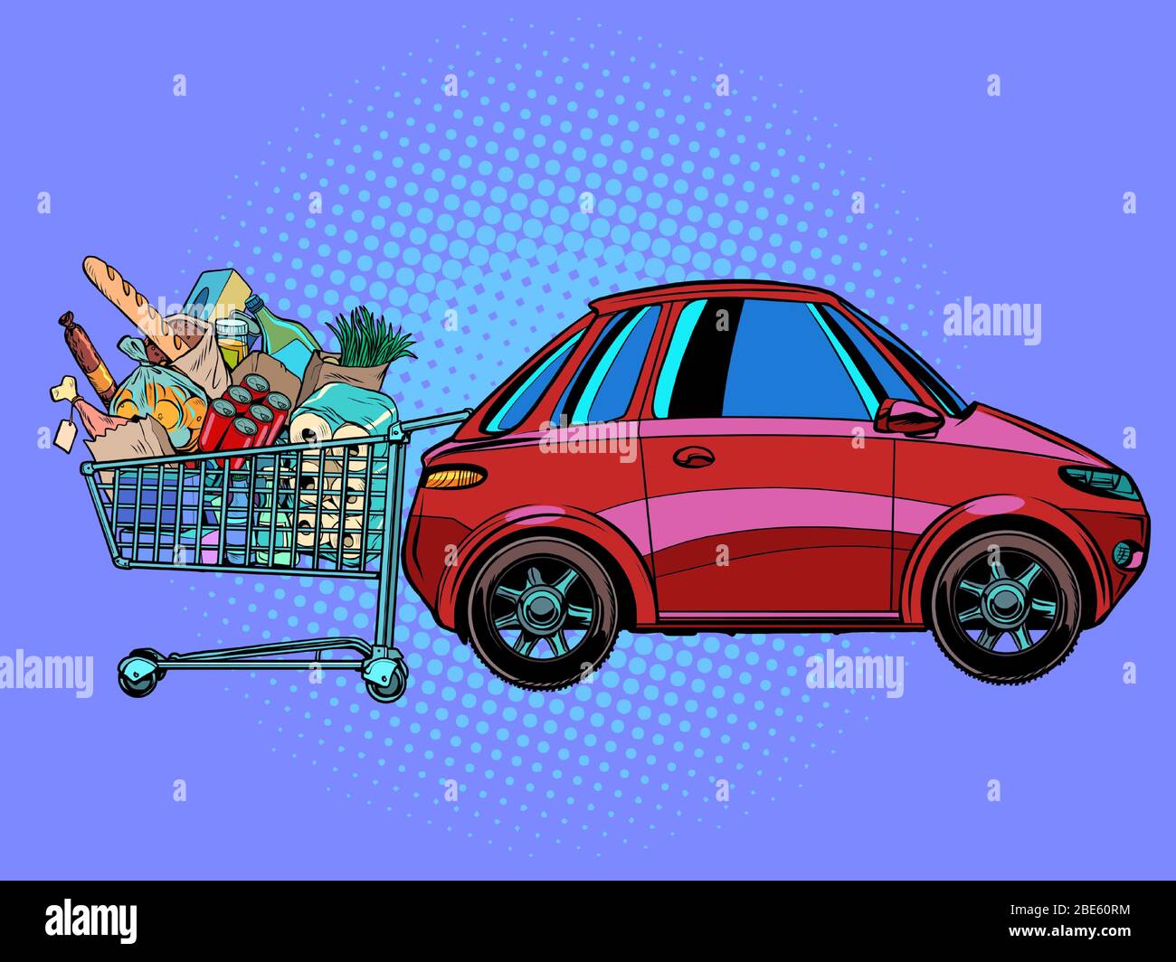 un chariot d'épicerie plein d'achats près de la voiture Illustration de Vecteur