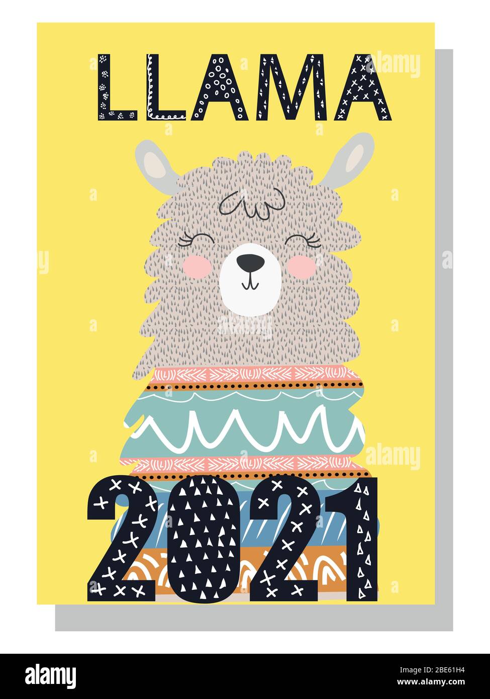 Joli calendrier mensuel de 2021 avec un lama, cactus, inscriptions dans le style scandinave des enfants. Pour le Web, les bannières, les affiches, les étiquettes et l'impression. Illustration de Vecteur