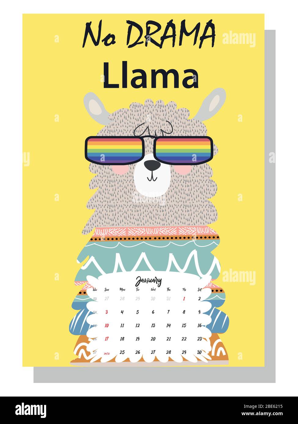 Joli calendrier mensuel de 2021 avec un lama, cactus, inscriptions dans le style scandinave des enfants. Pour le Web, les bannières, les affiches, les étiquettes et l'impression. Illustration de Vecteur