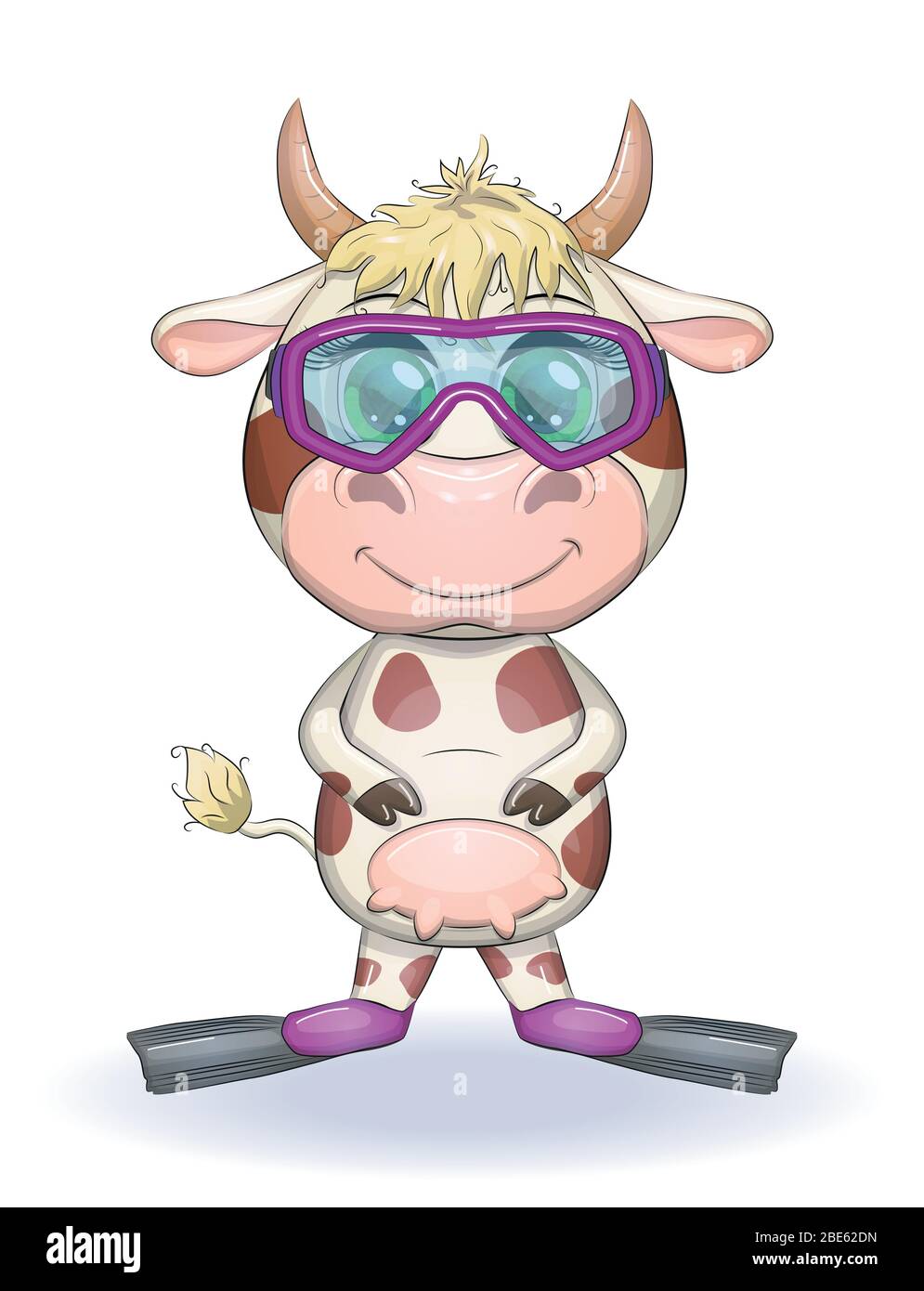 Jolie Vache A Dessin Anime Taureau Avec Verres Et Palmes Pour La Natation Concept De Loisirs 2021 Image Vectorielle Stock Alamy