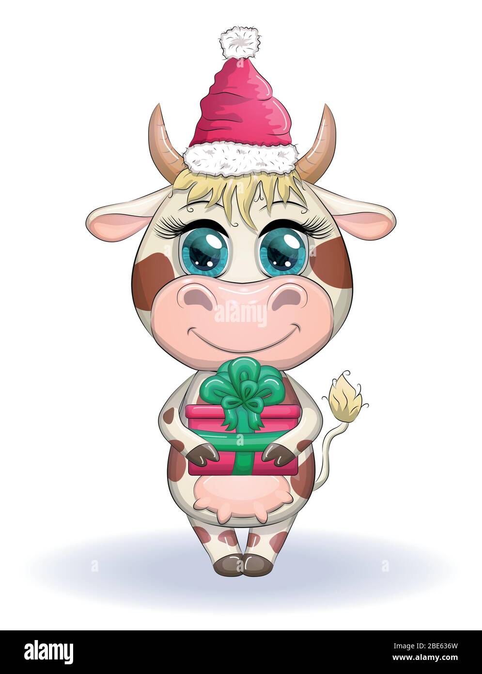 Jolie Vache De Dessin Anime Taureau Avec Cadeau De Noel Et Chapeau Rouge Du Pere Noel Symbole 2021 Sur Le Calendrier Oriental Image Vectorielle Stock Alamy