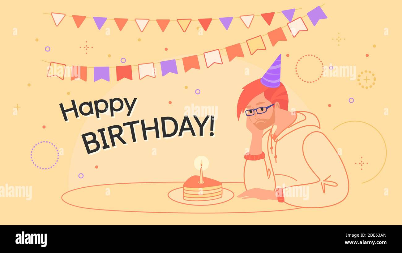 Joyeux Anniversaire A Vous Seul Illustration Vectorielle En Ligne Plate De Jeune Homme Bouleverse Assis Seul Avec Gateau D Anniversaire Et Ennuyeux Parce Que Tous Les Amis Sta Image Vectorielle Stock Alamy