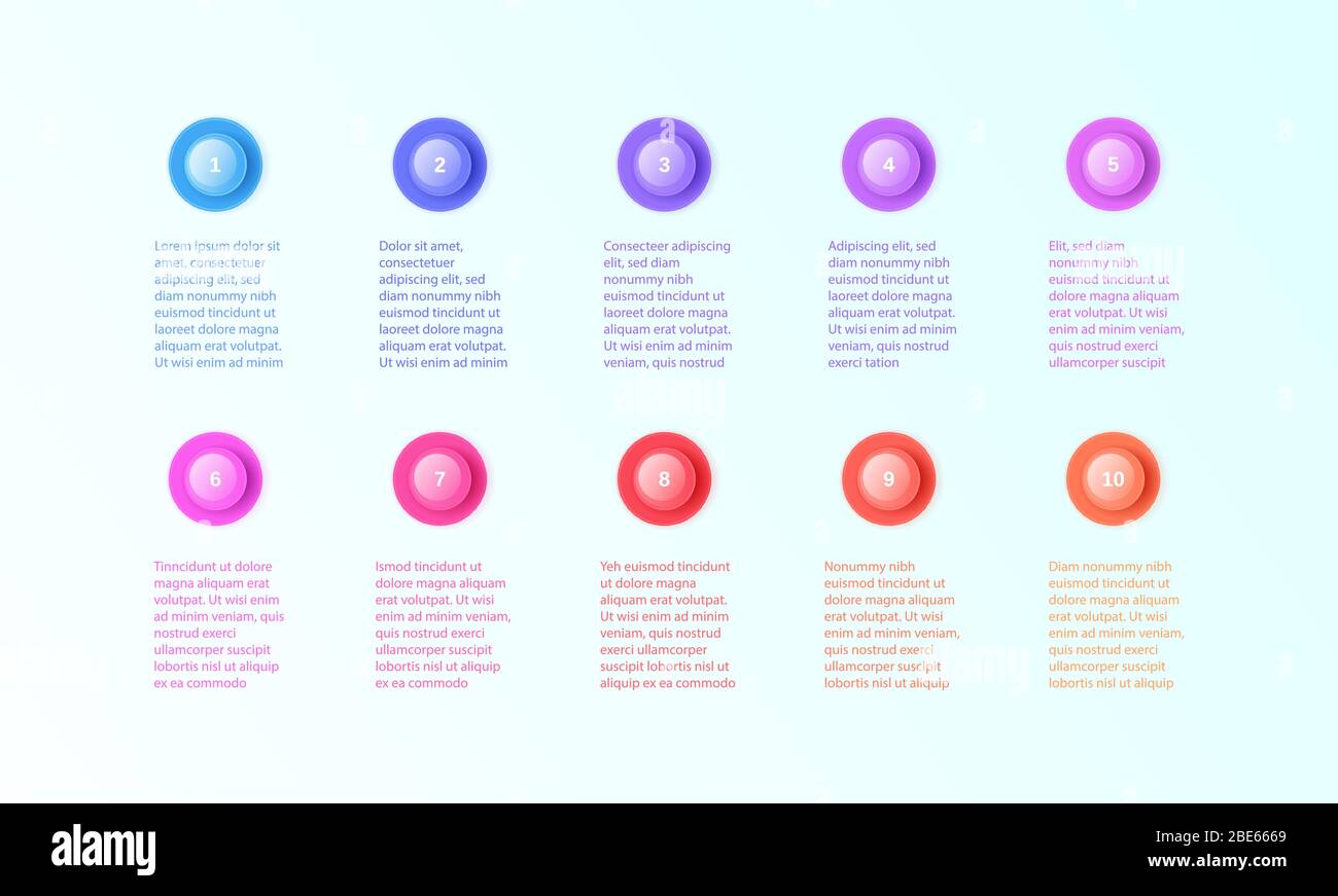 jeu d'illustrations vectorielles à pointe ogive tridimensionnelle - pointeurs ronds colorés et isolés avec des nombres compris entre 1 et 10. Boutons volumétriques avec ombre pour Illustration de Vecteur