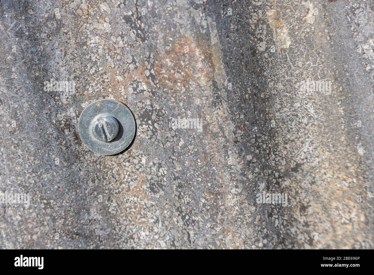 Tôle d'acier ondulé qui a vu de meilleurs jours et tête de boulon de fixation avec rondelle métallique. Banque D'Images
