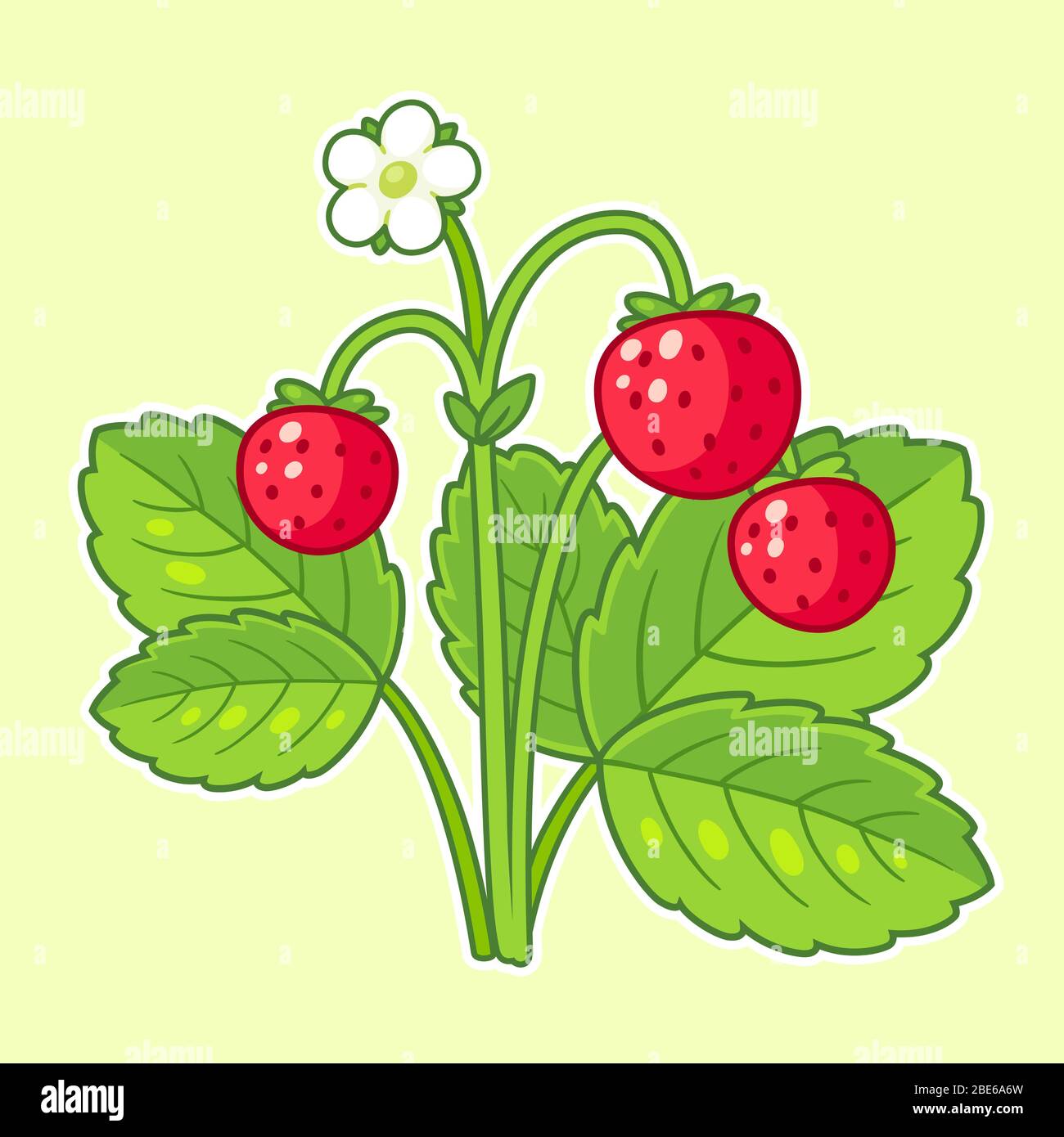 Plante de fraise sauvage avec feuilles, fleurs et baies mûres. Illustration de la jolie bande dessinée, illustration de clip vectoriel dessiné à la main Illustration de Vecteur