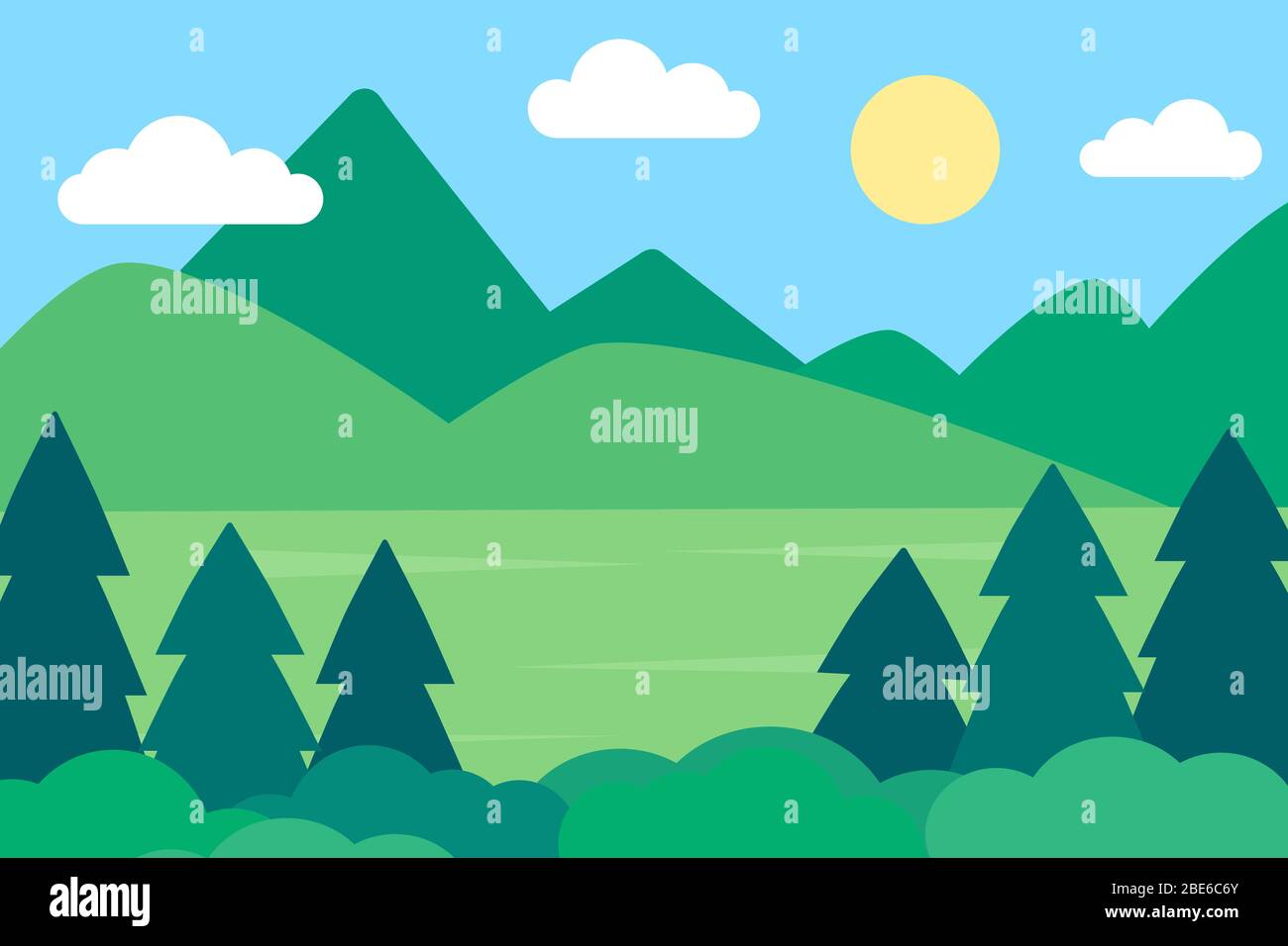 Paysage avec champ vert avec arbres et montagnes par jour ensoleillé. Illustration vectorielle de style plat naturel. Paysage naturel d'été ou de printemps Illustration de Vecteur