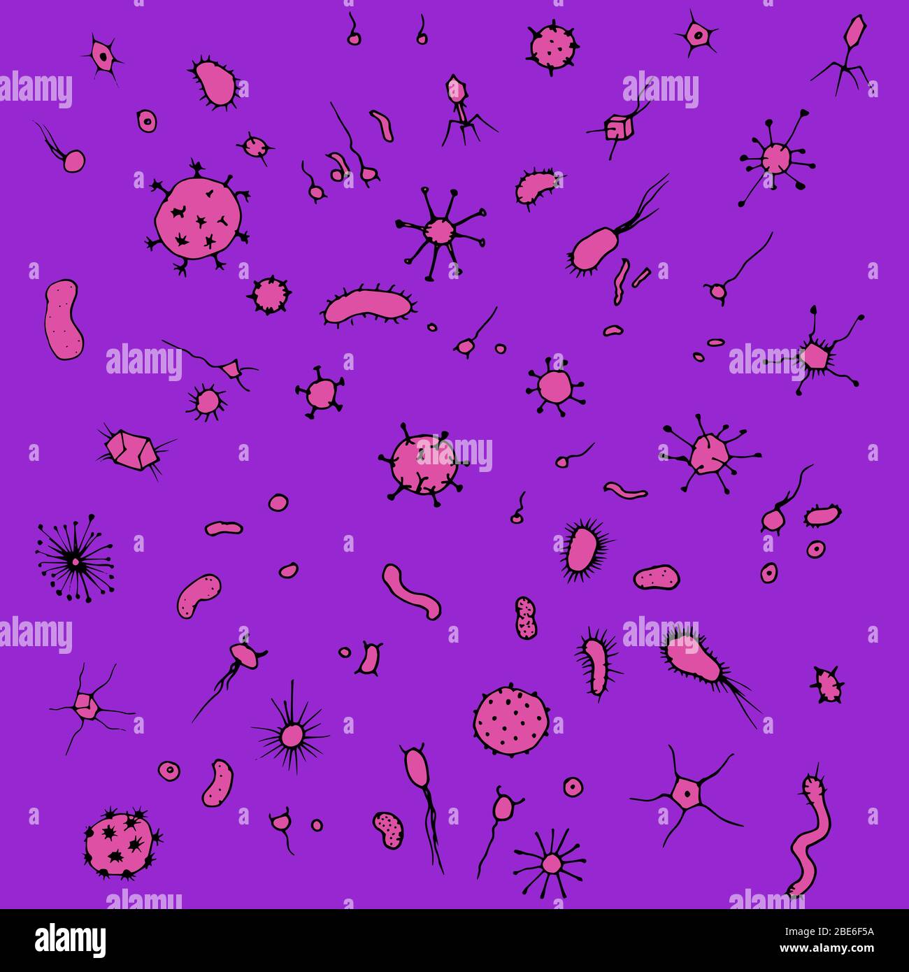 Microcosme, beaucoup de bactéries et virus et autres micro-organismes. Style de dessin animé fond lumineux. Illustration de Vecteur