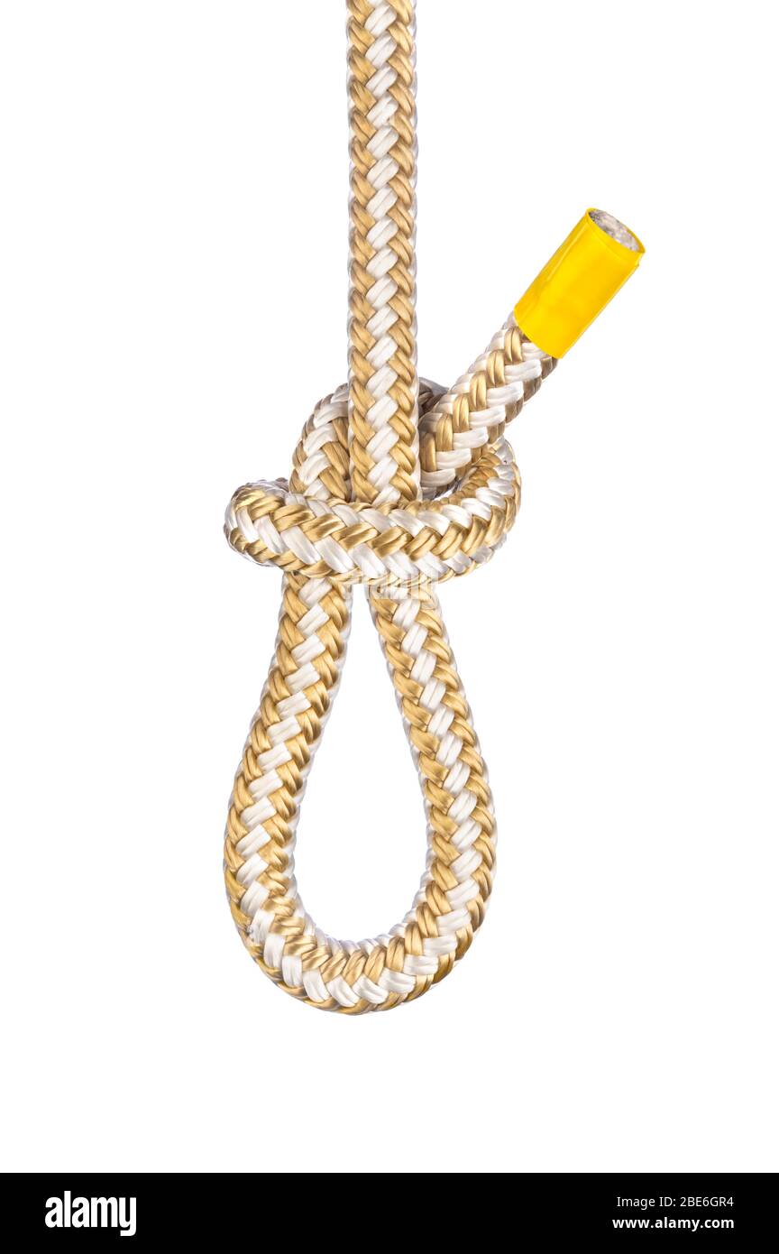 Le nœud noose est un nœud ancien simple utilisé pour former une extrémité de boucle de corde pour laquelle fixer des clips et d'autres dispositifs accrochés. Banque D'Images