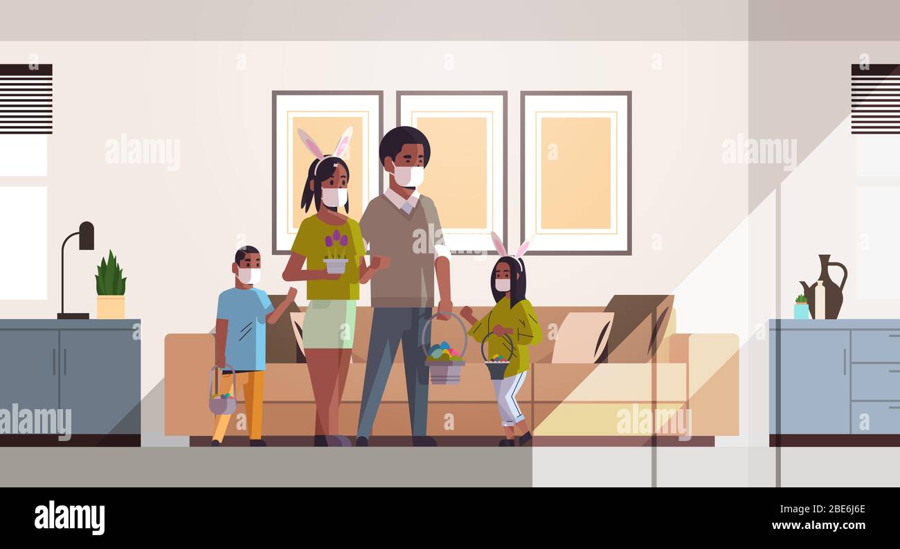 famille tenant des paniers avec des œufs célébrant les joyeuses vacances de pâques afro-américains parents et enfants portant un masque pour empêcher le coronavirus salon intérieur horizontal pleine longueur illustration vectorielle Illustration de Vecteur