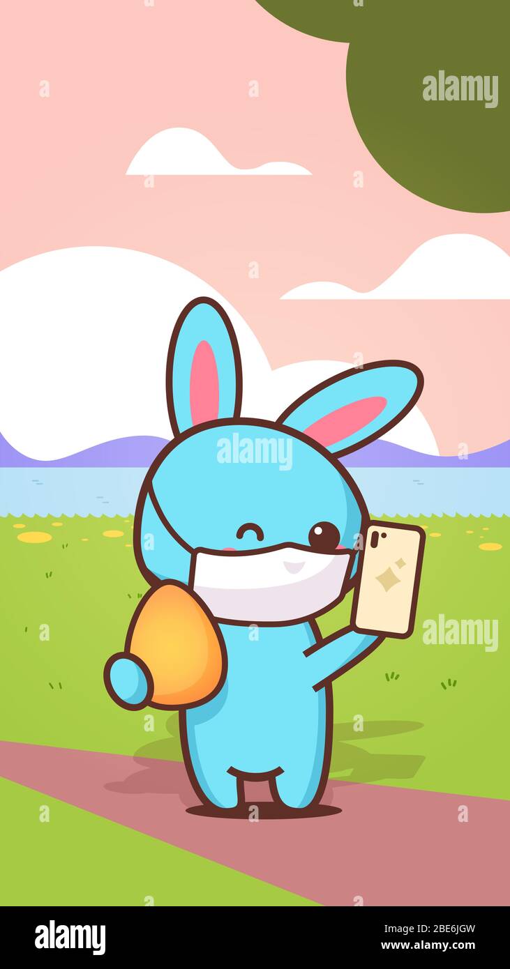 lapin bleu tenant l'oeuf à l'aide du masque de port de smartphone pour empêcher le coronavirus heureux pâques lapin autocollant printemps vacances concept paysage arrière-plan vertical carte de vœux illustration vectorielle Illustration de Vecteur