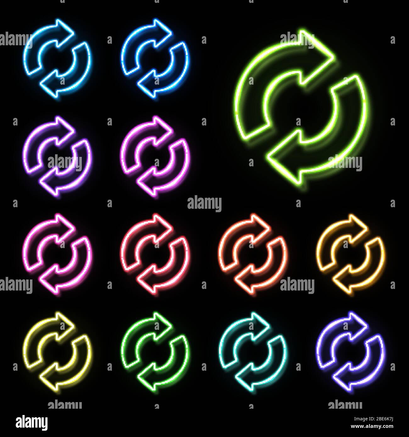Couleur néon 2 dans les flèches de cercle défini sur fond noir. Icône recyclage de réutilisation zéro déchet pour Internet. Symbole de recyclage de la lumière lumineuse. Actualiser recharger Illustration de Vecteur