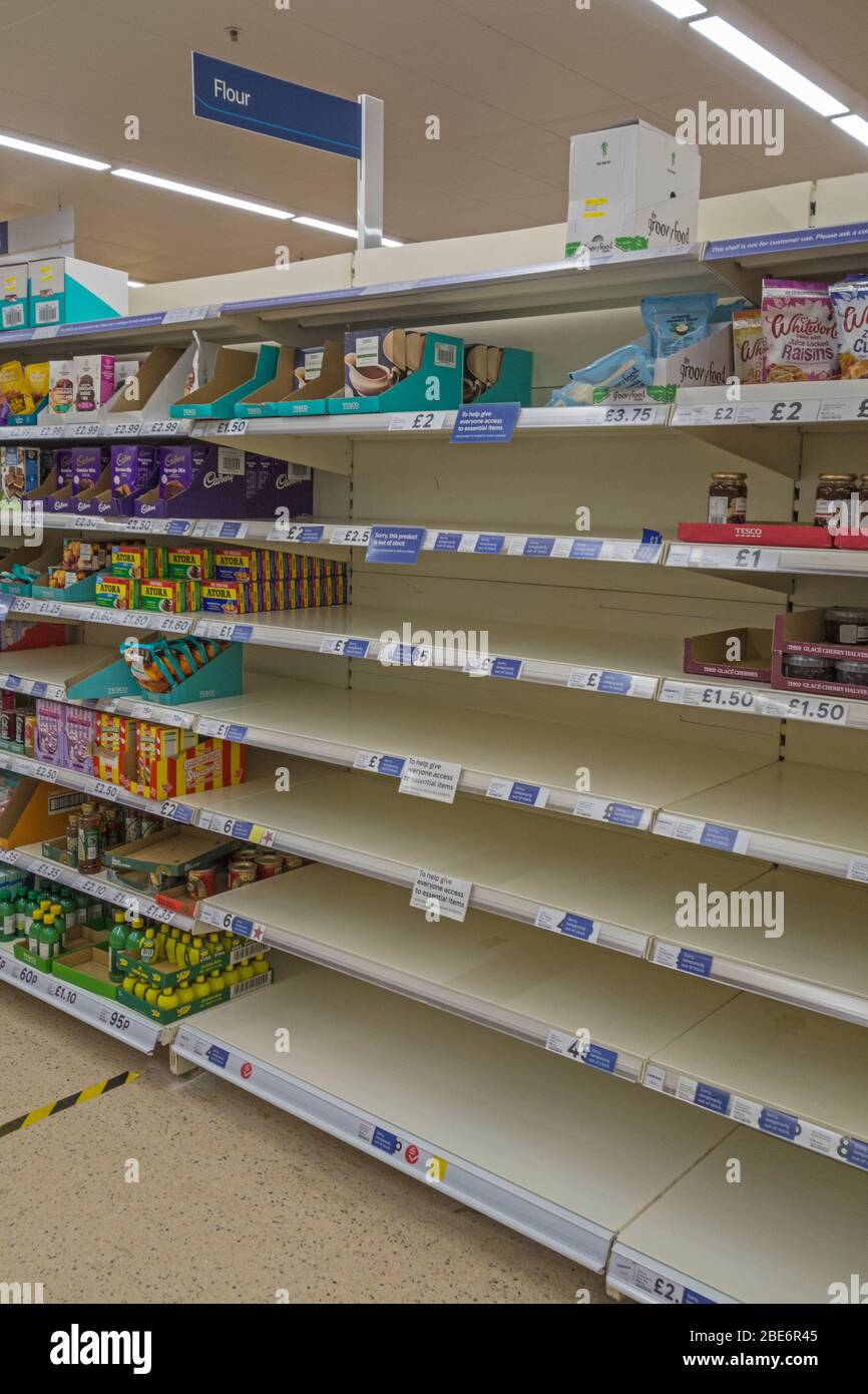 Vider les rayons de farine dans un supermarché Tesco pendant l'épidémie de coronavirus, Ely, Cambridgeshire, Angleterre Banque D'Images